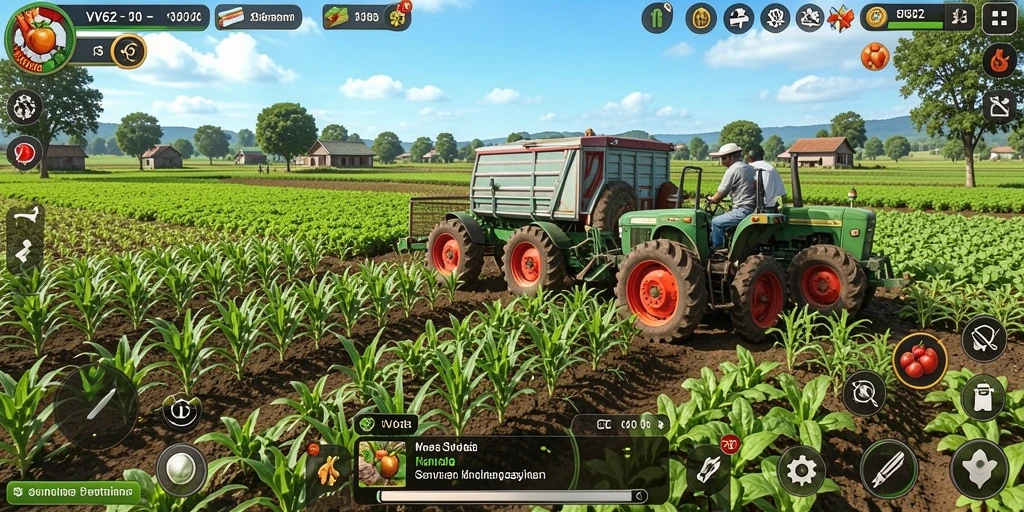 Tampilan gameplay <strong>VV62</strong> menunjukkan petani yang merawat tanaman di ladang.